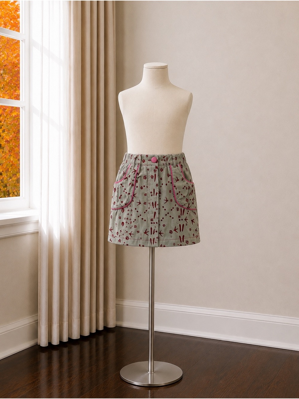 Girls' Grey Floral Pocket Skirt with Purple Trim